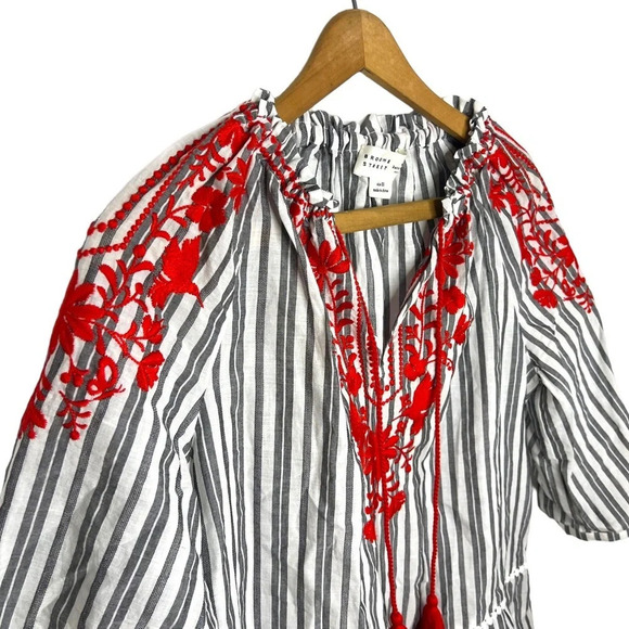 Kate Spade Broome Street Embroidered Striped Boho Peasant Blouse Tassel Top - Picture 6 of 11